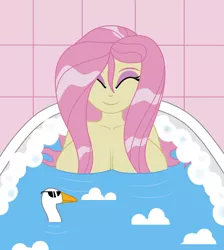 Size: 1700x1900 | Tagged: suggestive, artist:mashoart, derpibooru import, fluttershy, bat pony, bird, goose, equestria girls, adorable face, bath, bathing, bathtub, big breasts, breasts, busty fluttershy, cute, eyes closed, female, flutterbat, fluttershy and the goose, nudity, race swap, sunglasses, water, wet hair