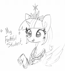 Size: 1267x1403 | Tagged: safe, artist:tjpones, derpibooru import, twilight sparkle, twilight sparkle (alicorn), alicorn, pony, black and white, bracelet, bust, crown, dialogue, ear fluff, female, grayscale, jewelry, lineart, mare, monochrome, necklace, older, older twilight, princess shoes, raised hoof, regalia, simple background, solo, traditional art, white background