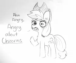 Size: 1468x1216 | Tagged: safe, artist:tjpones, derpibooru import, applejack, earth pony, pony, angry, angry about elves, black and white, cowboy hat, dialogue, ear fluff, female, grayscale, hat, ink drawing, lineart, mare, monochrome, out of character, racism, racist barn, raised hoof, simple background, solo, traditional art, white background