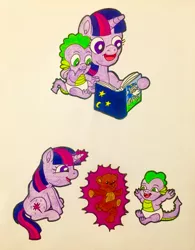 Size: 2860x3676 | Tagged: safe, artist:jamestkelley, derpibooru import, spike, star swirl the bearded, twilight sparkle, dragon, unicorn, baby, baby spike, book, cute, dancing, diaper, happy, magic, reading, sibling bonding, siblings, simple background, sitting, story time, teddy bear, telekinesis, young, younger