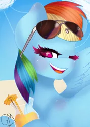 Size: 1672x2368 | Tagged: safe, artist:greenmarta, derpibooru import, rainbow dash, pony, beach, drink, grin, looking at you, one eye closed, signature, smiling, solo, summer, sunglasses, umbrella drink, wink