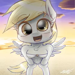 Size: 1900x1900 | Tagged: anthro, artist:phoenixrk49, beach, bikini, blushing, clothes, cute, derp, derpabetes, derpibooru import, derpy hooves, leaning forward, safe, signature, solo, spread wings, sunset, swimsuit, white swimsuit, wings
