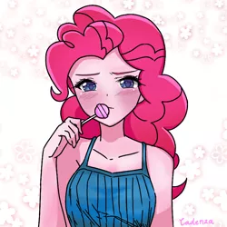 Size: 768x768 | Tagged: safe, artist:hyanna-natsu, artist:leone di cielo, derpibooru import, pinkie pie, equestria girls, blushing, bust, candy, colored pupils, cute, diapinkes, female, flower, food, lollipop, simple background, sleeveless, solo, trace, white background