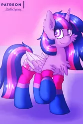 Size: 1500x2250 | Tagged: safe, artist:shad0w-galaxy, derpibooru import, twilight sparkle, twilight sparkle (alicorn), alicorn, pony, bi twi, bilight sparkle, bisexual pride flag, bisexuality, cheek fluff, chest fluff, clothes, colored pupils, female, fluffy, mare, patreon, patreon logo, pride, pride flag, pride month, smiling, socks, solo, striped socks, two toned wings, wings