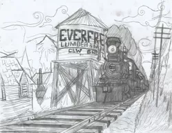 Size: 2191x1691 | Tagged: safe, artist:newman134, derpibooru import, equestria girls, 19th century, background, everfree forest, forest, hand drawing, human world, monochrome, no characters, no pony, pencil drawing, railroad, railroad tracks, scenery, steam engine, steam locomotive, steam train, telegraph poles, traditional art, train, vehicle