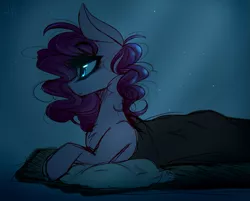 Size: 777x625 | Tagged: safe, alternate version, artist:avimod, derpibooru import, pinkie pie, pony, abstract background, bed, blanket, crepuscular rays, dark, female, mare, pillow, prone, solo