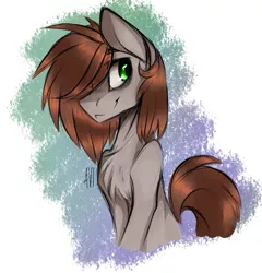 Size: 651x677 | Tagged: safe, artist:avimod, derpibooru import, oc, unofficial characters only, earth pony, pony, abstract background, chest fluff, eye clipping through hair, hair over one eye, smiling, solo