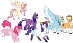 Size: 2130x1263 | Tagged: safe, artist:horsepowerred, derpibooru import, applejack, fluttershy, pinkie pie, rainbow dash, rarity, twilight sparkle, twilight sparkle (alicorn), alicorn, earth pony, pegasus, pony, unicorn, appledash, blushing, chubby, coat markings, colored wings, curved horn, ear piercing, earring, female, flying, glasses, horn, jewelry, lesbian, mane six, mare, piercing, shipping, simple background, smiling, spread wings, transparent background, wings