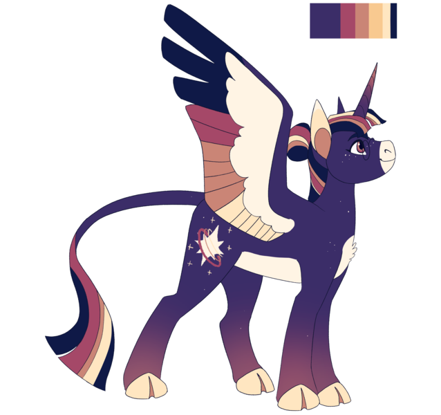 Size: 2500x2350 | Tagged: safe, artist:horsepowerred, derpibooru import, twilight sparkle, twilight sparkle (alicorn), alicorn, pony, alternate color palette, alternate cutie mark, chest fluff, cloven hooves, coat markings, colored wings, female, glasses, hair bun, leonine tail, looking up, mare, redesign, simple background, smiling, solo, spread wings, transparent background, wings