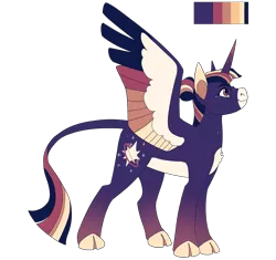 Size: 2500x2350 | Tagged: safe, artist:horsepowerred, derpibooru import, twilight sparkle, twilight sparkle (alicorn), alicorn, pony, alternate color palette, alternate cutie mark, chest fluff, cloven hooves, coat markings, colored wings, female, glasses, hair bun, leonine tail, looking up, mare, redesign, simple background, smiling, solo, spread wings, transparent background, wings