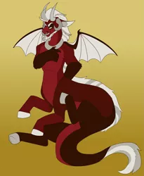 Size: 2407x2929 | Tagged: artist:horsepowerred, centaur, collar, derpibooru import, discord, draconequus, draconequus hybrid, facial hair, fangs, fusion, gradient background, grin, horn, horns, hybrid, lord tirek, male, multiple horns, nose piercing, nose ring, piercing, request, safe, smiling, solo, spread wings, wing claws, wings