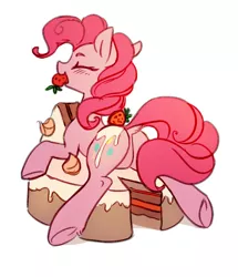 Size: 721x838 | Tagged: safe, artist:tomatocoup, derpibooru import, edit, pinkie pie, earth pony, pony, balloonbutt, blushing, butt, cake, cute, diapinkes, dock, eyes closed, featureless crotch, female, food, foodplay, mare, mouth hold, plot, rear view, sfw edit, simple background, solo, strawberry, underhoof, white background