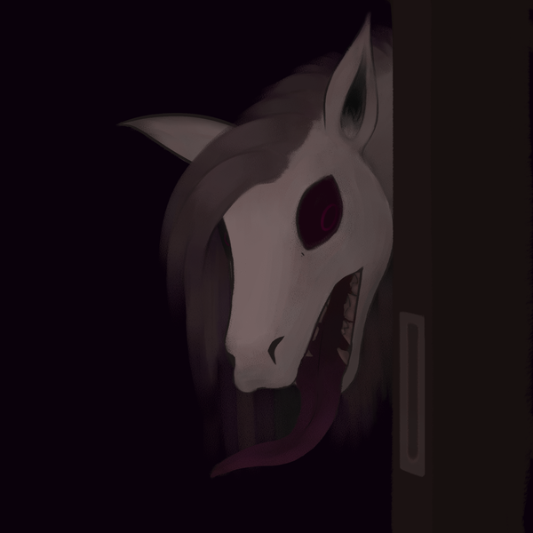 Size: 2222x2222 | Tagged: safe, artist:stoopedhooy, derpibooru import, oc, oc:shakes heartwood, monster pony, pony, digital art, door, hoers, looking at something, open mouth, peeking, tongue out