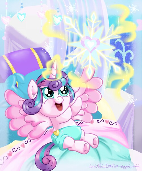 Size: 6000x7200 | Tagged: safe, artist:meganlovesangrybirds, derpibooru import, princess flurry heart, pony, the crystalling, adorable face, baby, baby alicorn, baby blanket, baby flurry heart, baby pony, blanket, cloth diaper, crib, crib blanket, crystal heart, cute, cute baby, dawwww, diaper, diapered, diapered filly, embroidered blanket, embroidery, female, filly, flurrybetes, happy, happy baby, image, infant, jpeg, light pink diaper, magic, mirrored image, newborn, newborn baby, newborn filly, open mouth, pillow, reaching, reaching up, safety pin, scene interpretation, signature, snow, snowflake, solo, telekinesis, weapons-grade cute