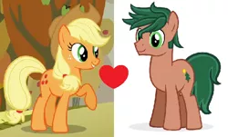 Size: 570x345 | Tagged: safe, derpibooru import, applejack, timber spruce, ponified, pony, applespruce, equestria girls ponified, female, male, shipping, shipping domino, straight