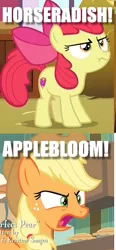 Size: 500x1076 | Tagged: safe, derpibooru import, edit, edited screencap, screencap, apple bloom, applejack, the perfect pear, caption, cropped, cutie mark, horseradish, image macro, swearing, text, the cmc's cutie marks, vulgar