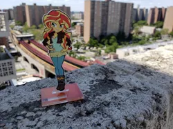 Size: 970x725 | Tagged: safe, artist:lindsay cibos, artist:mylittleties, derpibooru import, sunset shimmer, equestria girls, friendship games, boots, clothes, figure, jacket, merchandise, pants, shoes, standee