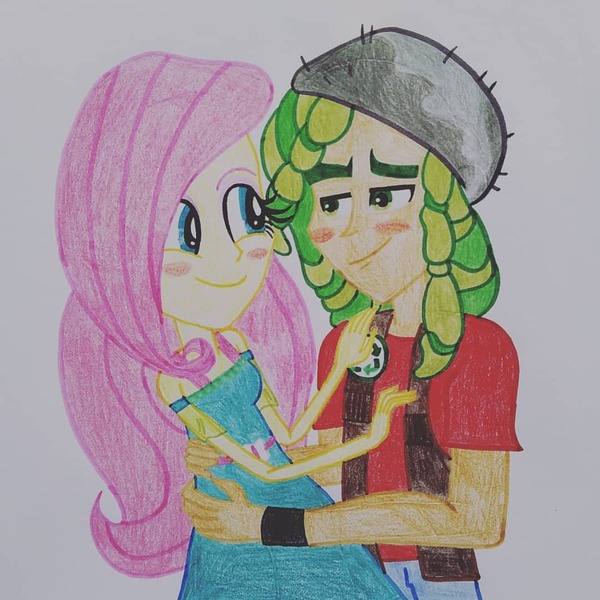 Size: 1080x1080 | Tagged: artist needed, safe, derpibooru import, fluttershy, sandalwood, equestria girls, equestria girls series, female, male, sandalshy, shipping, straight, traditional art