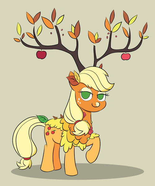 Size: 1000x1200 | Tagged: applejack, artist:mew-me, branches for antlers, clothes, cosplay, costume, derpibooru import, going to seed, leaf, lidded eyes, looking at you, no catchlights, no pupils, safe, solo, the great seedling