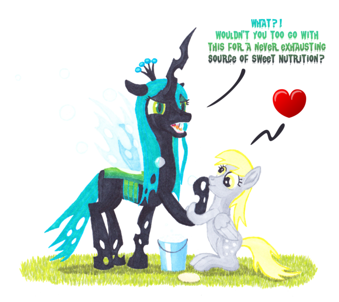 Size: 2860x2550 | Tagged: safe, artist:malte279, derpibooru import, derpy hooves, queen chrysalis, changeling, changeling queen, pegasus, pony, bubble, bucket, comic, cute, cutealis, derpabetes, dialogue, duo, duo female, female, heart, marker, marker drawing, markers, simple background, soap, soap bubble, traditional art, transparent background