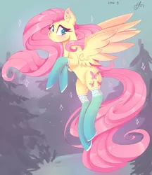 Size: 2592x3000 | Tagged: safe, artist:xjenn9, derpibooru import, fluttershy, pegasus, pony, blushing, clothes, cute, female, flying, looking at you, looking sideways, magic, mare, shyabetes, socks, solo, spread wings, thigh highs, three quarter view, wings