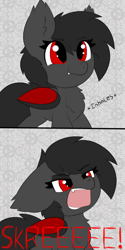 Size: 550x1100 | Tagged: safe, artist:pegamutt, derpibooru import, oc, oc:qetesh, bat pony, pony, :t, abstract background, angry, animated, bat pony oc, bat wings, chest fluff, cute, ear fluff, ear tufts, eeee, fangs, female, frown, gif, glare, inhaling, looking up, madorable, mare, ocbetes, open mouth, red and black oc, screaming, skree, solo, vibrating, weapons-grade cute, wings