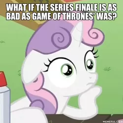 Size: 600x600 | Tagged: caption, cropped, derpibooru import, edit, edited screencap, exploitable meme, game of thrones, image macro, meme, meta, obligatory pony, ponyville confidential, safe, screencap, solo, subvert expectations, sudden clarity sweetie belle, sweetie belle, tempting fate, text, what if