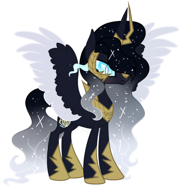 Size: 1569x1619 | Tagged: safe, artist:elementbases, artist:starling-sentry-yt, derpibooru import, oc, oc:roxana, unofficial characters only, alicorn, pony, alicorn oc, armor, base used, colored pupils, ethereal mane, female, galaxy mane, glowing eyes, helmet, horn, mare, simple background, slit eyes, solo, transparent background, two toned wings, wings