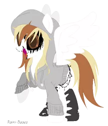 Size: 598x694 | Tagged: artist:celestial-rue0w0, artist:raini-bases, base used, black sclera, blank flank, clothes, colored sclera, demon, demon pony, derpibooru import, female, hoodie, mare, markings, oc, oc:raggy, open mouth, original species, pegasus, safe, simple background, socks, solo, stockings, thigh highs, torn clothes, transparent background, unofficial characters only