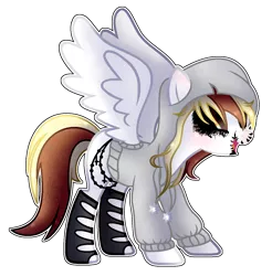 Size: 1368x1392 | Tagged: artist:celestial-rue0w0, black sclera, blank flank, clothes, colored sclera, demon, demon pony, derpibooru import, female, hoodie, mare, markings, oc, oc:raggy, open mouth, original species, pegasus, safe, simple background, socks, solo, stockings, thigh highs, torn clothes, transparent background, unofficial characters only