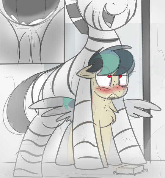 Size: 2936x3176 | Tagged: artist needed, explicit, grimdark, artist:shinodage, derpibooru import, oc, oc:apogee, unofficial characters only, pegasus, pony, zebra, age difference, anal, blushing, chest fluff, dropping the soap, foalcon, forced, freckles, heart eyes, human vagina on pony, image, jpeg, monochrome, nudity, penetration, prison, prison rape, quadrupedal, rape, sex, size difference, soap, vulva, wingding eyes, zebra on pony action, zebradom