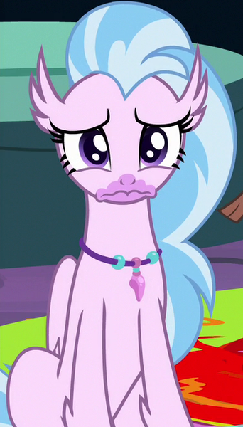 Size: 376x660 | Tagged: classical hippogriff, cropped, cute, derpibooru import, diastreamies, female, hippogriff, jewelry, necklace, offscreen character, sad, sadorable, safe, screencap, silverstream, solo, solo focus, uprooted, yona