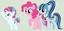 Size: 852x416 | Tagged: safe, artist:themexicanpunisher, derpibooru import, pinkie pie, sonata dusk, oc, oc:allegro, ponified, earth pony, half-siren, hybrid, pony, base used, colt, equestria girls ponified, family, female, green background, interspecies offspring, lesbian, magical lesbian spawn, male, offspring, parent:pinkie pie, parent:sonata dusk, parents:pinata, pinata (ship), shipping, simple background