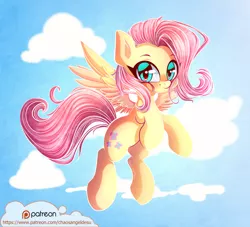 Size: 1100x1000 | Tagged: safe, artist:chaosangeldesu, derpibooru import, fluttershy, pegasus, pony, cloud, cute, female, flying, looking at you, mare, patreon, patreon logo, shyabetes, sky, smiling, solo, spread wings, stray strand, three quarter view, wings