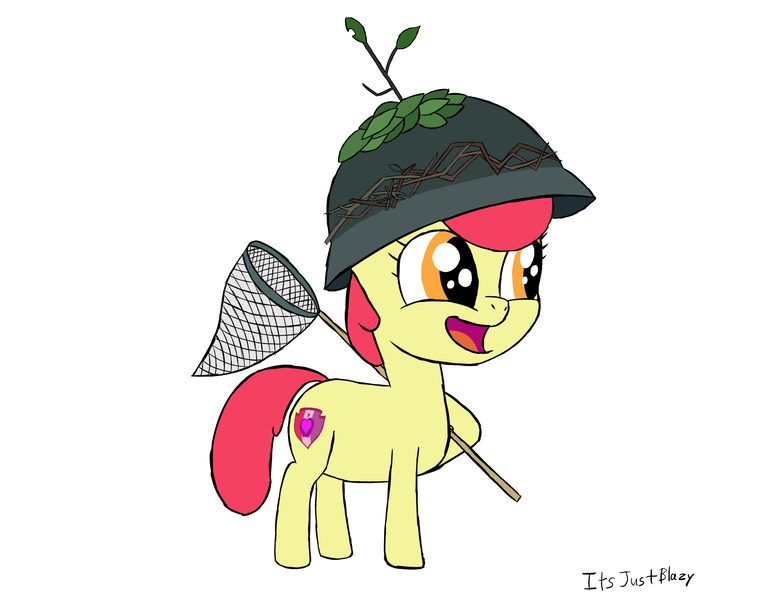 Size: 3300x2550 | Tagged: safe, artist:scooterplus, derpibooru import, apple bloom, earth pony, pony, going to seed, adorabloom, cute, cutie mark, female, filly, helmet, leaf, net, open mouth, simple background, solo, the cmc's cutie marks, white background