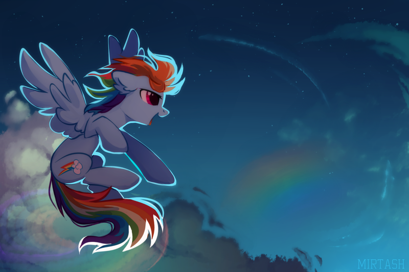 Size: 2449x1632 | Tagged: safe, artist:mirtash, derpibooru import, rainbow dash, pegasus, pony, cloud, cute, dashabetes, ear fluff, female, flying, mare, night, profile, rcf community, sky, solo, spread wings, upside down cutie mark, wings