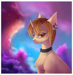 Size: 1280x1318 | Tagged: safe, artist:bastet-catmew, derpibooru import, oc, pony, unicorn, bust, choker, ear piercing, male, one eye closed, piercing, portrait, solo, spiked choker, stallion, tongue out, wink