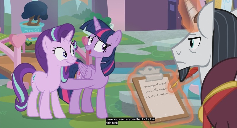 Size: 1600x870 | Tagged: safe, derpibooru import, edit, edited screencap, screencap, chancellor neighsay, starlight glimmer, twilight sparkle, twilight sparkle (alicorn), alicorn, pony, school daze, caption, meme, vulgar, youtube caption