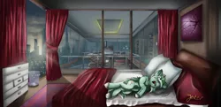 Size: 3310x1601 | Tagged: safe, artist:jesterpi, derpibooru import, oc, oc:jester pi, unofficial characters only, pegasus, pony, bed, city, curtains, furniture, glass, green, horn, manehattan, shadow, sleeping, solo, stairs, sunrise, window, wings