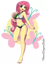 Size: 900x1265 | Tagged: suggestive, artist:silver-wingx, derpibooru import, fluttershy, bat pony, equestria girls, absolute cleavage, barefoot, belly button, bikini, breasts, busty fluttershy, cleavage, clothes, feet, female, flutterbat, happy, looking at you, nail polish, open mouth, race swap, solo, solo female, swimsuit