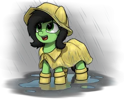 Size: 4000x3269 | Tagged: safe, artist:smoldix, derpibooru import, oc, oc:anonfilly, unofficial characters only, pony, adoranon, cute, female, filly, galoshes, happy, ocbetes, open mouth, puddle, rain, raincoat, simple background, solo, transparent background, wellies