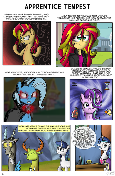 Size: 3118x4762 | Tagged: safe, artist:zsparkonequus, derpibooru import, discord, shining armor, starlight glimmer, sunset shimmer, thorax, trixie, changedling, changeling, draconequus, pony, unicorn, comic:apprentice tempest, equestria girls, alicorn amulet, cloak, clothes, comic, flashback, king thorax, office, reformed four, speech bubble
