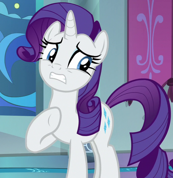 Size: 701x720 | Tagged: safe, derpibooru import, screencap, rarity, pony, unicorn, the beginning of the end, cropped, female, looking to side, mare, nervous, raised hoof, sideways glance, solo