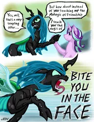 Size: 720x937 | Tagged: safe, artist:texasuberalles, derpibooru import, queen chrysalis, starlight glimmer, changeling, changeling queen, unicorn, to where and back again, comic, duo, fangs, female, mare, open mouth, speech bubble, tongue out