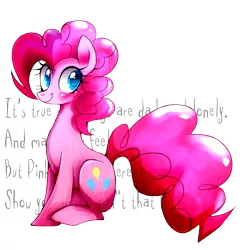 Size: 1000x1000 | Tagged: safe, artist:mirtash, derpibooru import, pinkie pie, pony, blushing, cute, female, lyrics, mare, rcf community, simple background, sitting, smile song, solo, text, transparent background