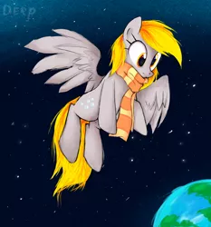 Size: 2800x3000 | Tagged: safe, artist:mirtash, derpibooru import, derpy hooves, pegasus, pony, clothes, female, mare, planet, rcf community, scarf, solo, space, spread wings, stars, wings