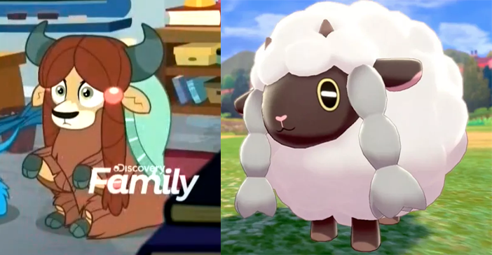 Size: 702x364 | Tagged: bow, braid, cloven hooves, comparison, derpibooru import, edit, edited screencap, female, hair bow, monkey swings, pokémon, pokemon sword and shield, safe, screencap, sheep, wooloo, yak, yona