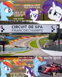 Size: 749x932 | Tagged: safe, derpibooru import, apple bloom, rainbow dash, rarity, scootaloo, sweetie belle, pony, fanfic, fanfic:equestria motorsports, belgium, circuit de spa francorchamps, comic style, derby, derby racers, eau rouge, europe, ferrari, ferrari 641, irl, photo, ponies in real life, race track, raidillon, watermark