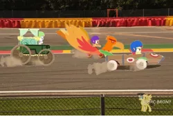 Size: 750x502 | Tagged: safe, derpibooru import, apple bloom, scootaloo, sweetie belle, pony, fanfic, fanfic:equestria motorsports, the cart before the ponies, belgium, circuit de spa francorchamps, cutie mark crusaders, derby racers, europe, irl, photo, ponies in real life, race track, watermark