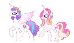 Size: 1900x1117 | Tagged: safe, artist:miatsukyyy, derpibooru import, princess flurry heart, oc, oc:fleur de cadenza, alicorn, pony, unicorn, female, half-siblings, magical lesbian spawn, mare, offspring, older, older flurry heart, parent:fleur-de-lis, parent:princess cadance, parents:fleurdance, siblings, simple background, sisters, transparent background